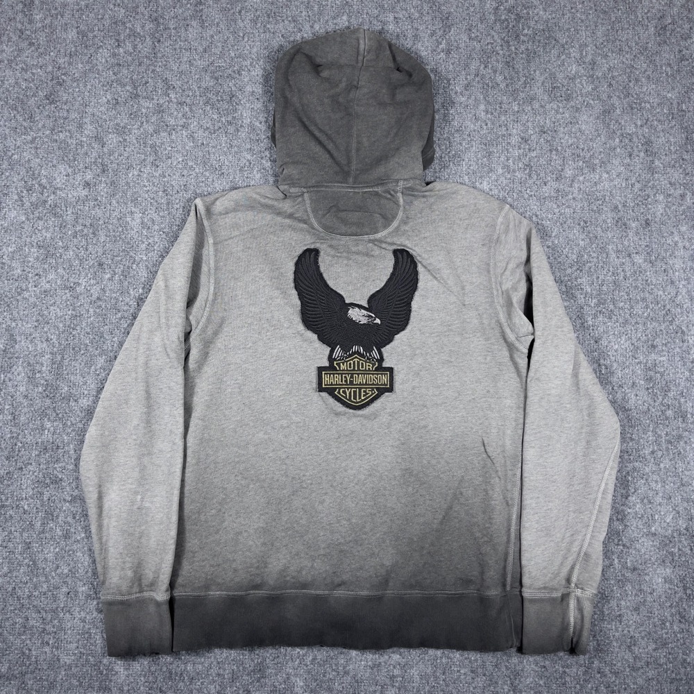 Harley-Davidson Zip Hoodie Mens L Gray Eagle Embroidered Faded Biker Sweatshirt